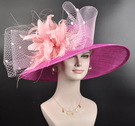 Church Kentucky Derby Hat Carriage Tea Party Wedding Wide Brim Hat Sinamay Hat Fuchsia Hot Pink w Pink feather flower