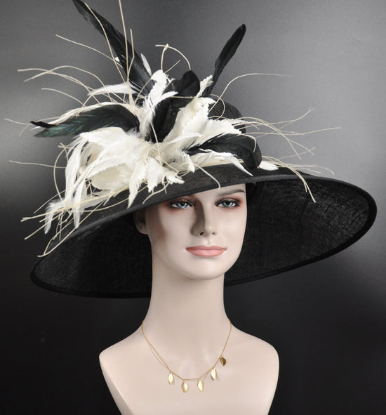 Church Kentucky Derby Hat Carriage Tea Party Wedding Wide Brim  Sinamay Hat Black