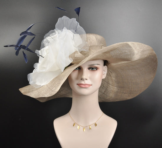 Taupe w Ivory Jumbo Silk Flower, Feathers  Kentucky Derby hat, Church hat, Wedding hat, Tea Party hat , Floppy Wide Brim Sinamay Dress Hat