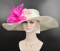 off White/ Ivory w Fuchsia Pink  Feather Flower Kentucky Derby Hat, Church Hat, Wedding Hat, Easter Hat,  Wide Brim  Sinamay  Hat