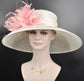 Church Kentucky Derby HatCarriage Tea Party Wedding Wide Brim  Royal A Hat  Sinamay Hat Off White /Ivory w Candy  Pink Feather Flower