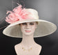 Church Kentucky Derby HatCarriage Tea Party Wedding Wide Brim  Royal A Hat  Sinamay Hat Off White /Ivory w Candy  Pink Feather Flower