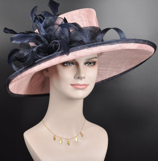 SM21004Church Kentucky Derby Hat Carriage Tea Party Wedding Wide Brim  Royal Ascot Hat in Solid Sinamay Hat  Blush Pink/Navy Blue