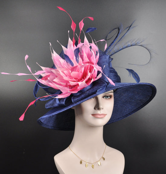 Navy Blue w Mix  Pink Wide Brim Sinamay Hat Church Kentucky Derby Hat  Tea Party Wedding Royal Ascot Hat Horse Race Oaks day hat