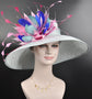 Powder Blue w Fuchsia Hot Pink  Pink Turquosie Feather Flower Kentucky Derby Hat Tea Party Carriage Party  Royal AscotWide Brim  Sinamay Hat