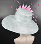 Powder Blue w Fuchsia Hot Pink  Pink Turquosie Feather Flower Kentucky Derby Hat Tea Party Carriage Party  Royal AscotWide Brim  Sinamay Hat