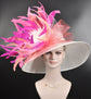 Church Kentucky Derby Hat Wide Brim Sinamay Hat  Carriage Tea Party Wedding  White w Pink Coral Pink Hot Pink Peach feather Flower