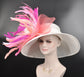 Church Kentucky Derby Hat Wide Brim Sinamay Hat  Carriage Tea Party Wedding  White w Pink Coral Pink Hot Pink Peach feather Flower