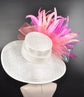 Church Kentucky Derby Hat Wide Brim Sinamay Hat  Carriage Tea Party Wedding  White w Pink Coral Pink Hot Pink Peach feather Flower