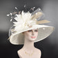 Church Kentucky Derby Hat Carriage Tea Party Wedding Wide Brim  Royal  Hat  Sinamay Hat Off White /Ivory w Taupe Feather Flower