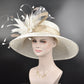 Church Kentucky Derby Hat Carriage Tea Party Wedding Wide Brim  Royal  Hat  Sinamay Hat Off White /Ivory w Taupe Feather Flower