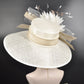 Church Kentucky Derby Hat Carriage Tea Party Wedding Wide Brim  Royal  Hat  Sinamay Hat Off White /Ivory w Taupe Feather Flower