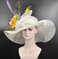 White Wide Brim Sinamay Hat Kentucky Derby Hat w Yellow lavender Green Purple  Lily Silk Flower Peacock Feathers  Wedding Hat, Easter Hat