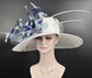 Wide Brim Sinamay Hat Church Kentucky Derby Hat Carriage Tea Party Wedding Hat  White w Navy Blue Powder Blue Lavender