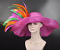 Hot Pink w Orange  Green Feathers Kentucky Derby Hat,  Tea Party Hat Wide Brim  Sinamay  Hat