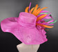 Hot Pink w Orange  Green Feathers Kentucky Derby Hat,  Tea Party Hat Wide Brim  Sinamay  Hat