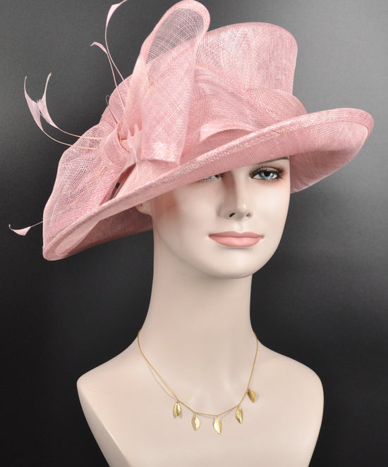 Kentucky Derby Derby Hat, Easter Day Hat,Pink Day Hat, Church, Tea Party Hat, Oaks Day Hat, Carriage Hat Sinamay Hat With  Bow and Feathers