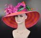 Rainbow Style Orange w Hot Pink Feather Flowers Kentucky Derby Hat,  Tea Party Hat Wide Brim  Sinamay W Straw  Hat Multi Colors
