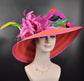 Rainbow Style Orange w Hot Pink Feather Flowers Kentucky Derby Hat,  Tea Party Hat Wide Brim  Sinamay W Straw  Hat Multi Colors