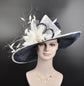 Navy Blue w White Feather Flower Wide Brim Sinamay Kentucky Derby Hat Tea Party Carriage Party