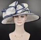 Church Kentucky Derby Hat Carriage Tea Party Wedding Wide Brim  Royal Ascot Hat in Solid Sinamay Hat White with Navy Blue