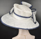 Church Kentucky Derby Hat Carriage Tea Party Wedding Wide Brim  Royal Ascot Hat in Solid Sinamay Hat White with Navy Blue