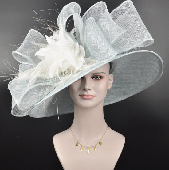 Powder Blue Ivory Wide Brim Sinamay Hat Church Kentucky Derby Hat Carriage Tea Party Wedding Hat Bows Feather Flower Ostrich Quills