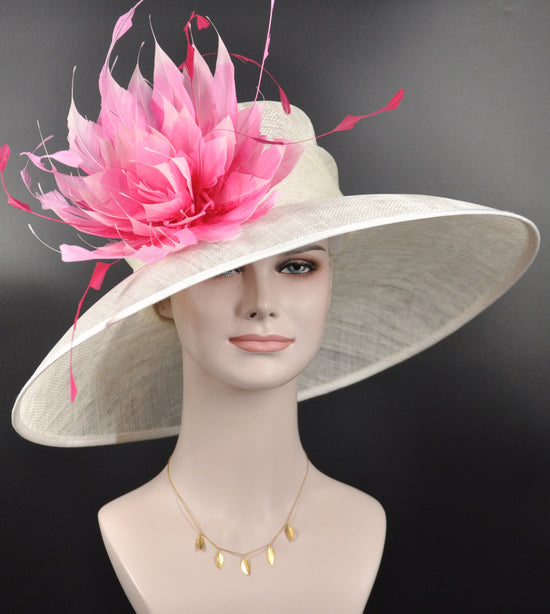 Ivory  w Fuchsia Hot Pink and Pink Feather Flower Kentucky Derby Hat Tea Party Carriage Party  Royal AscotWide Brim  Sinamay Hat