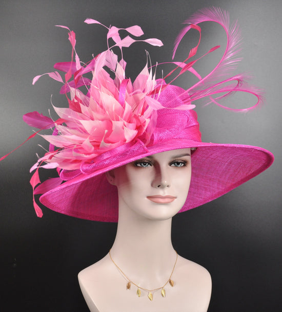 Hot Pink w Mix  Pink Wide Brim Sinamay Hat Church Kentucky Derby Hat  Tea Party Wedding Royal Ascot Hat Horse Race Oaks day hat