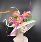 Church Kentucky Derby Hat Carriage Tea Party Wedding Wide Brim Sinamay Hat Off White /Orange Green Pink Hot Pink Lily Flower