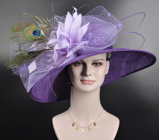 Church Kentucky Derby Hat Wide Brim Sinamay Hat  Carriage Tea Party Wedding  Purple with Lilac/Lavender Peacock Feathers