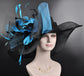 Black w Teal Blue Feather Flower Kentucky Derby Hat, Church Hat, Wedding Hat, Easter Hat, Tea Party Hat Wide Brim Sinamay  Hat