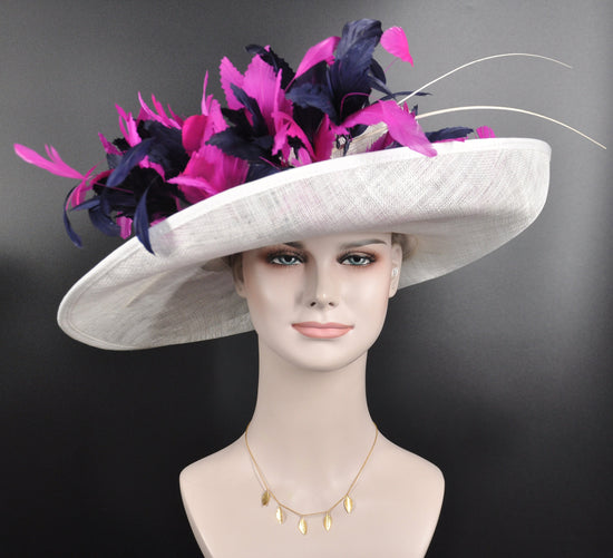 White Wide Brim Sinamay Hat  w Hot Pink and Navy Blue  Feather Flower Kentucky Derby,Tea Party Carriage Party  Royal Ascot Oaks day hat