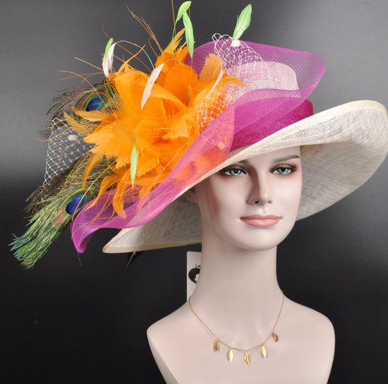 Church Kentucky Derby Hat Wide Brim Sinamay Hat Carriage Tea Party Wedding  Ivory/off White with Hot Pink Orange Feather Flower