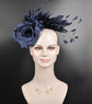 Navy Blue  Silk Flower with Goose and Rooster Feather Flowers Fascinator Hat  Made On A Same Color Headband