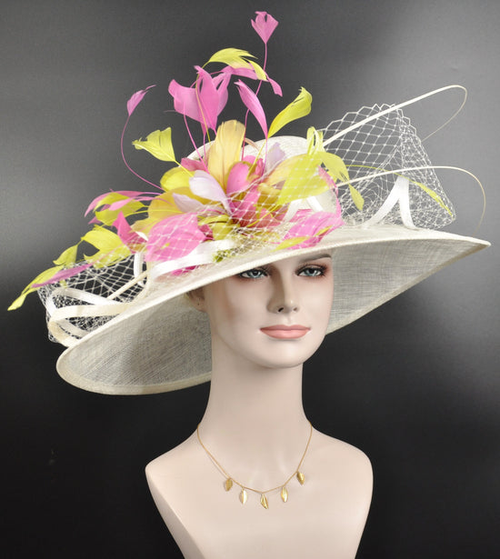 Wide Brim Sinamay Hat Church Kentucky Derby Hat Carriage Tea Party Wedding Hat Ivory/Off White Lime Green Lavender Hot Pink  Oaks day hat