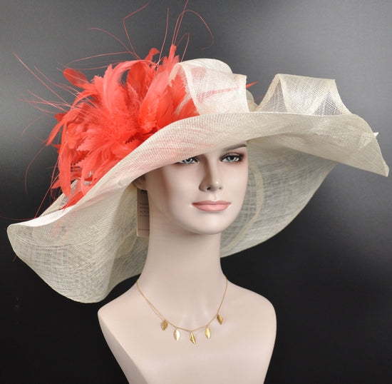 off White/ Ivory w Coral Pink  Feather Flower Kentucky Derby Hat, Church Hat, Wedding Hat, Easter Hat,  Wide Brim  Sinamay  Hat