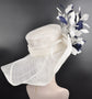 White w Navy Blue  Feather Flower Kentucky Derby Hat, Church Hat, Wedding Hat, Easter Hat, Tea Party Hat Wide Brim  Sinamay  Hat