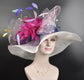 Church Kentucky Derby Hat Carriage Tea Party Wedding Wide Brim Sinamay Hat White with Colorful Feather Flower