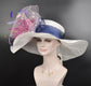 Church Kentucky Derby Hat Carriage Tea Party Wedding Wide Brim Sinamay Hat White with Colorful Feather Flower