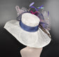 Church Kentucky Derby Hat Carriage Tea Party Wedding Wide Brim Sinamay Hat White with Colorful Feather Flower