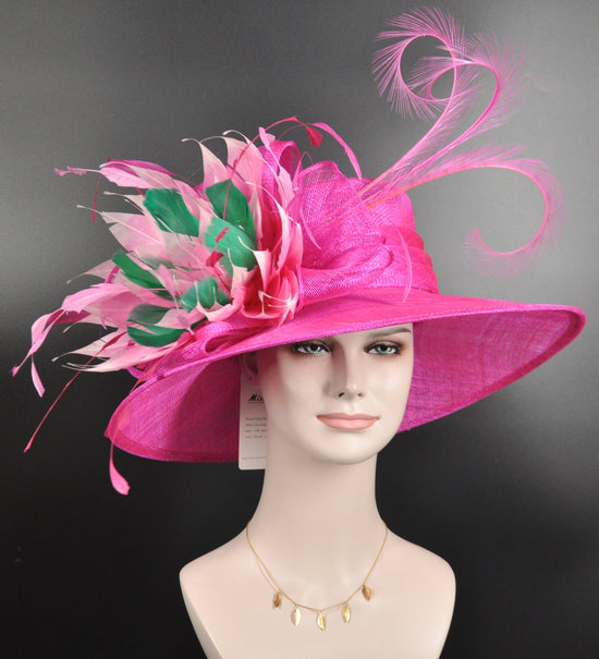 Hot Pink w Mix Pink Green Wide Brim Sinamay Hat Church Kentucky Derby Hat  Tea Party Wedding Hat Horse Race Oaks day hat Pink Day Hat