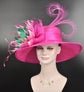 Hot Pink w Mix Pink Green Wide Brim Sinamay Hat Church Kentucky Derby Hat  Tea Party Wedding Hat Horse Race Oaks day hat Pink Day Hat