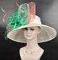 Ivory with  Coral Pink Kelly Green Feather Flowers  and Crin Kentucky Derby,Tea Party Carriage Party  Royal Ascot Wide Brim Sinamay Hat