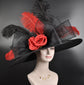 Black w Red Rose Flower Royal Ascot Horse Race Oaks day hat Carriage Tea Party Wedding Kentucky Derby Hat Party Hat Wide Brim Sinamay Hat