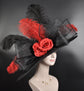 Black w Red Rose Flower Royal Ascot Horse Race Oaks day hat Carriage Tea Party Wedding Kentucky Derby Hat Party Hat Wide Brim Sinamay Hat