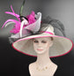 White w Fuchsia Pink Silk Flower Black White Crin  Bows Feather Flower Wide Brim Sinamay Hat,Kentucky DerbyHat, Oaks Day Hat, Carriage Hat