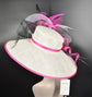 White w Fuchsia Pink Silk Flower Black White Crin  Bows Feather Flower Wide Brim Sinamay Hat,Kentucky DerbyHat, Oaks Day Hat, Carriage Hat