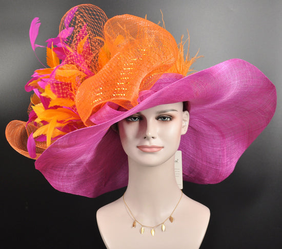 Hot Pink w Orange Jumbo Bow and Feather Flowers Kentucky Derby Hat,  Tea Party Hat Wide Brim  Sinamay  Hat