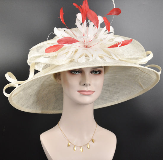 Church Kentucky Derby Hat Carriage Tea Party Wedding  Jumbo Feather Flower and Bows Off White / Ivory w Red